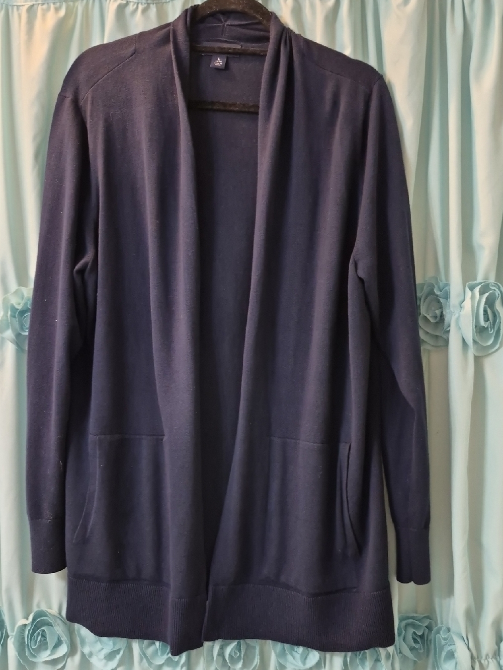 Lands End Women's Cotton Open Long Navy Cardigan Sweater Sz L